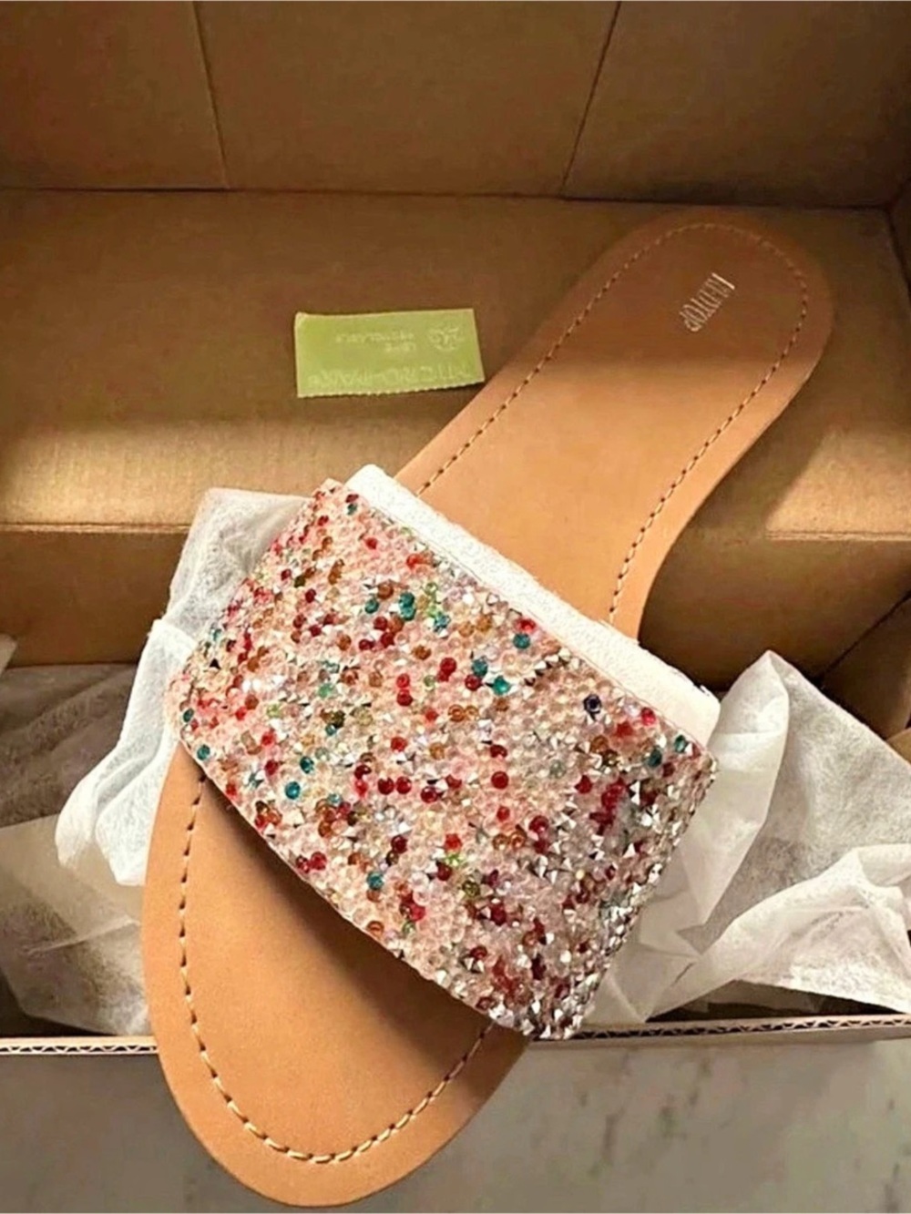 Slide Sandals in Tan & Multicolor Like New